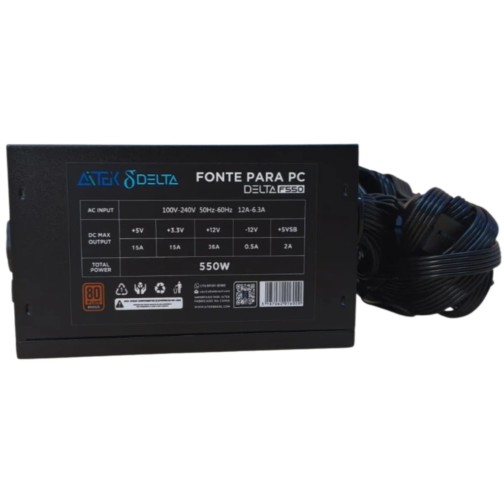 Fonte Gamer Source Royal 80 Plus Bronze de 550W com PFC ativo e ventoinha RGB com bivolt automático para PC desktop de alto desempenho.