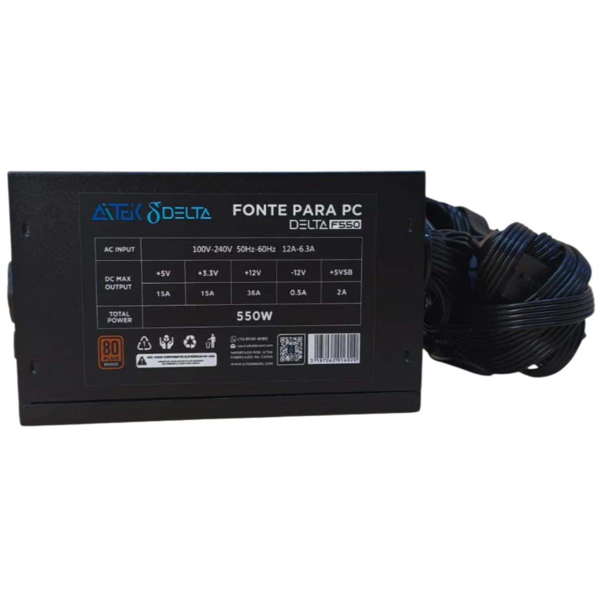 Fonte Gamer Source Royal 80 Plus Bronze de 550W com PFC ativo e ventoinha RGB com bivolt automático para PC desktop de alto desempenho.