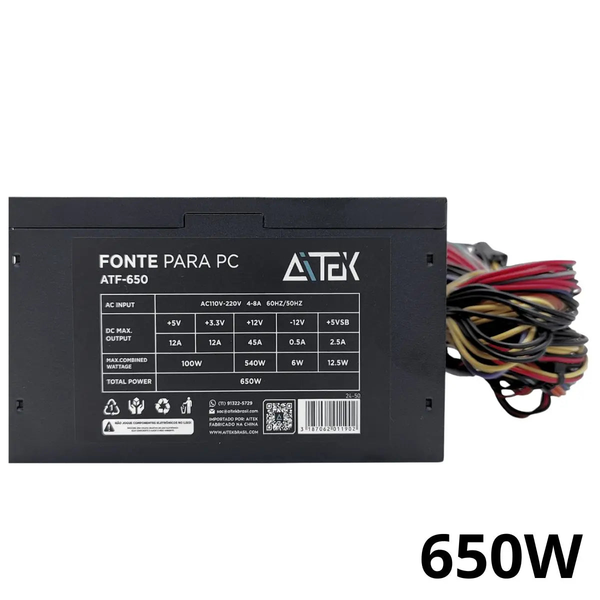 Source for PC Gamer 500W 650W Automatic Bivolt with 120mm Silent Cooler and SATA Connectors With Power Cable