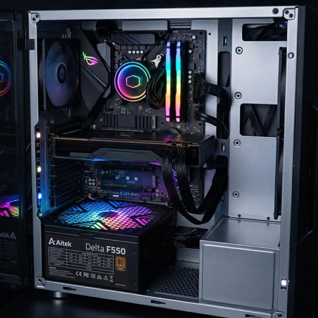 Fonte Gamer Source Royal 80 Plus Bronze de 550W com PFC ativo e ventoinha RGB com bivolt automático para PC desktop de alto desempenho.