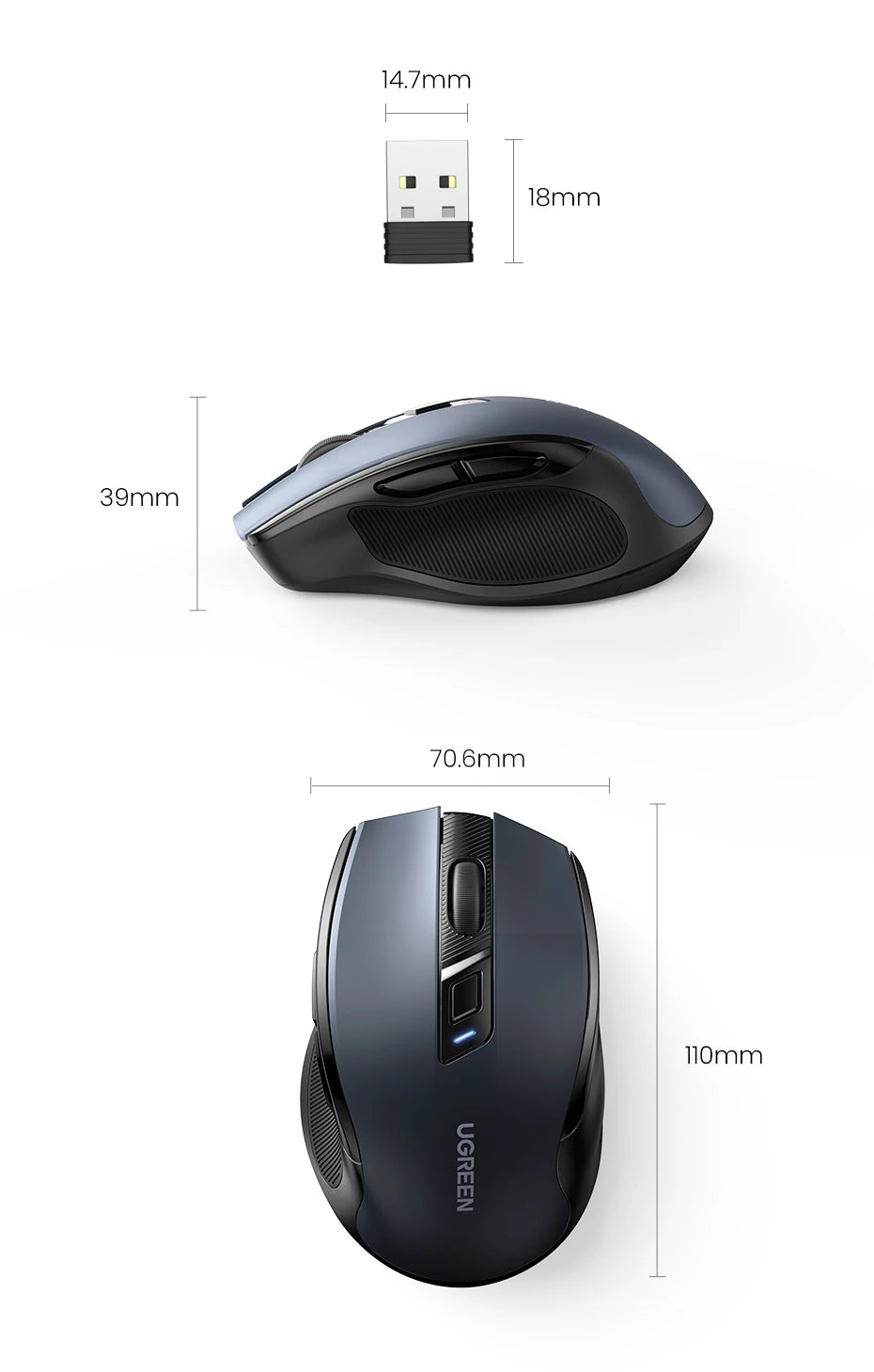 Mouse sem fio UGREEN Bluetooth 5.0, ergonômico, 4000 DPI, 6 botões de silenciamento, para MacBook, tablet, laptop, computador e PC, 2.4G.