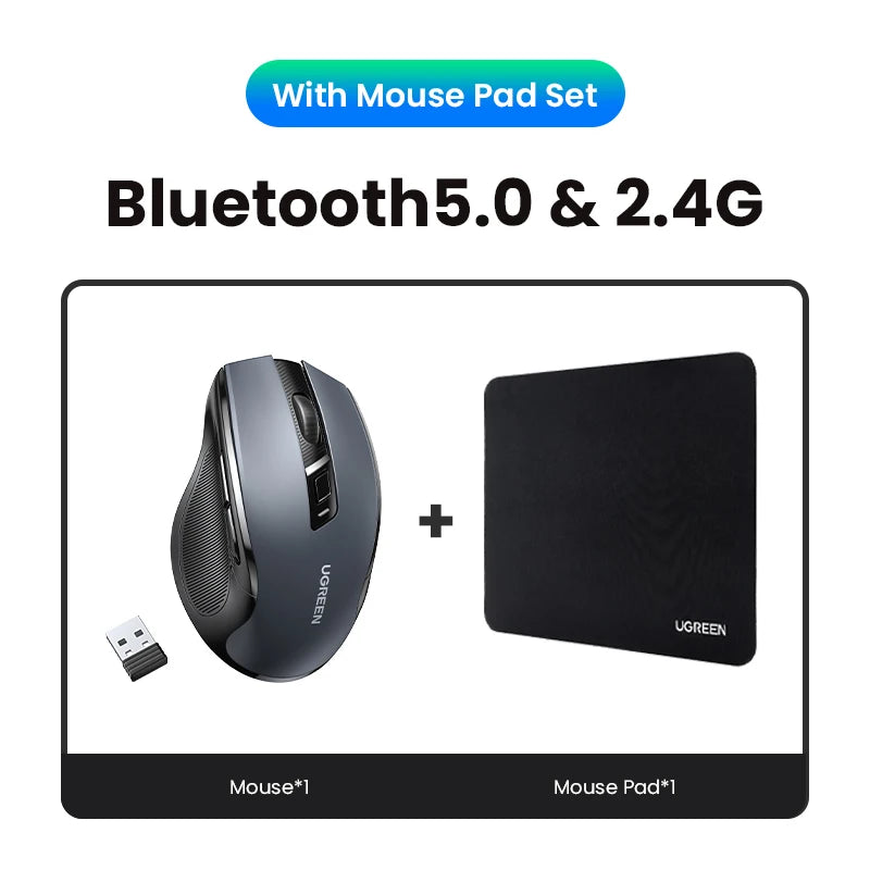 Mouse sem fio UGREEN Bluetooth 5.0, ergonômico, 4000 DPI, 6 botões de silenciamento, para MacBook, tablet, laptop, computador e PC, 2.4G.