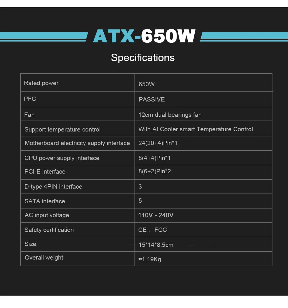 JULONGFENGBAO White ATX 650W Desktop E-Sports Video Game Computer Power Supply 110-230V Low Noise PSU Maximum peak value 800W