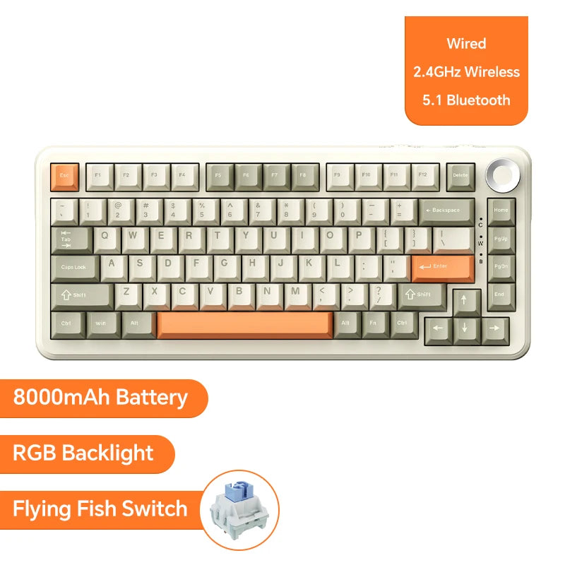 Teclado mecânico para jogos Ajazz AK820/AK820Pro Bluetooth 5.1/Sem fio/Com fio, teclado personalizado com botão giratório e junta de encaixe rápido.