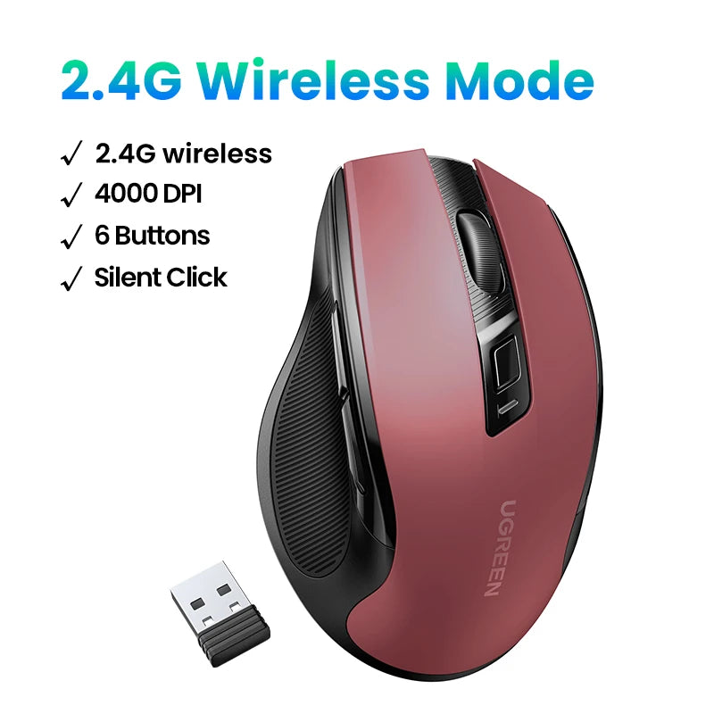 Mouse sem fio UGREEN Bluetooth 5.0, ergonômico, 4000 DPI, 6 botões de silenciamento, para MacBook, tablet, laptop, computador e PC, 2.4G.