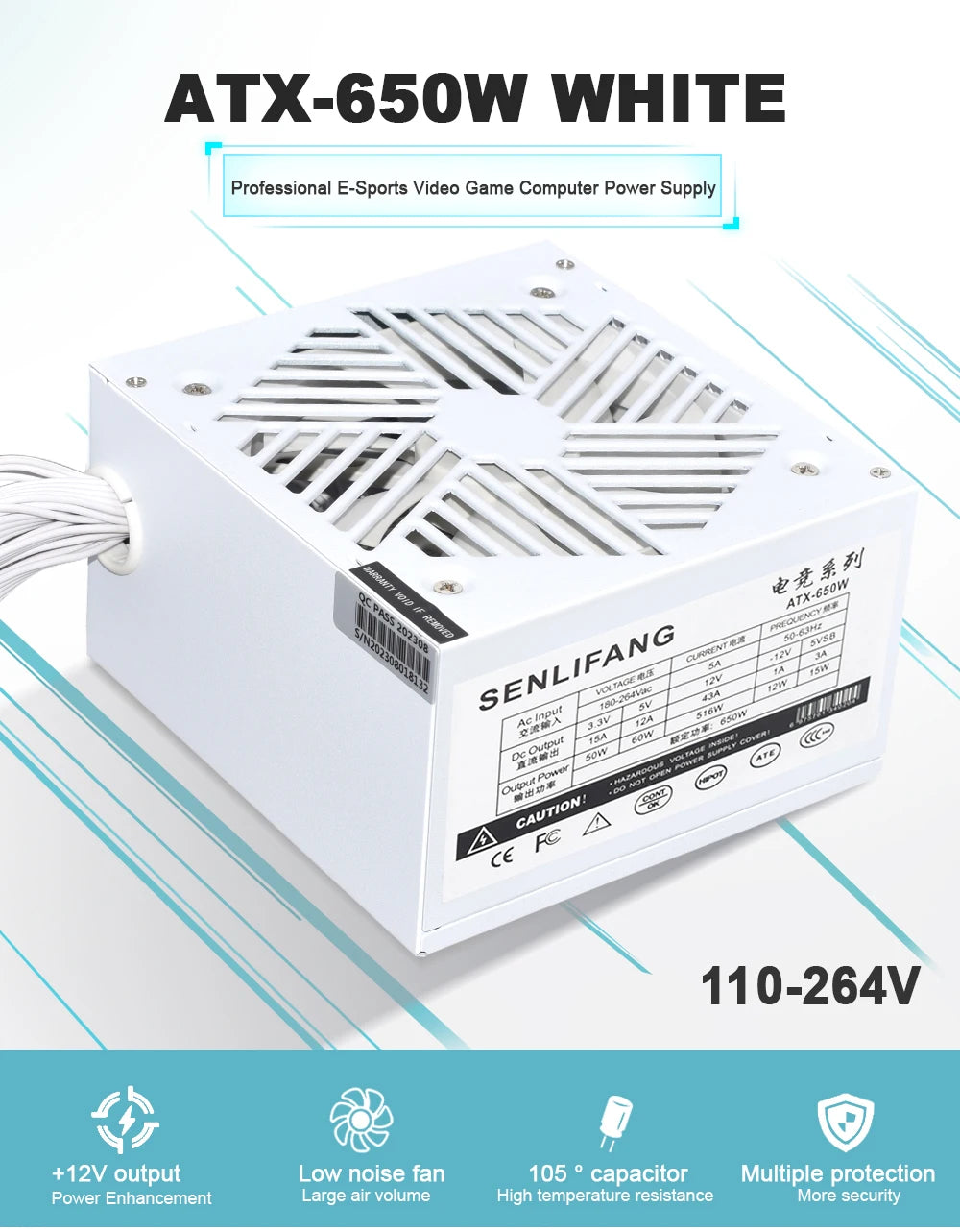 JULONGFENGBAO White ATX 650W Desktop E-Sports Video Game Computer Power Supply 110-230V Low Noise PSU Maximum peak value 800W