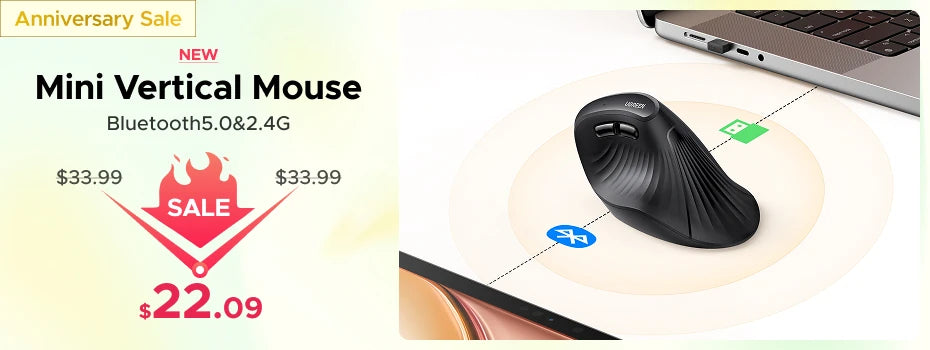 Mouse sem fio UGREEN Bluetooth 5.0, ergonômico, 4000 DPI, 6 botões de silenciamento, para MacBook, tablet, laptop, computador e PC, 2.4G.