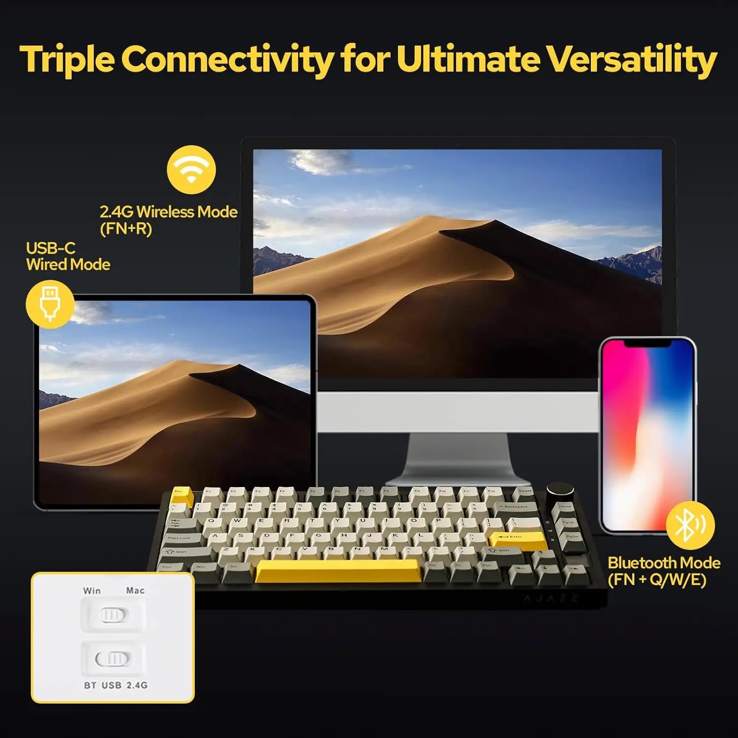 Teclado mecânico para jogos Ajazz AK820/AK820Pro Bluetooth 5.1/Sem fio/Com fio, teclado personalizado com botão giratório e junta de encaixe rápido.