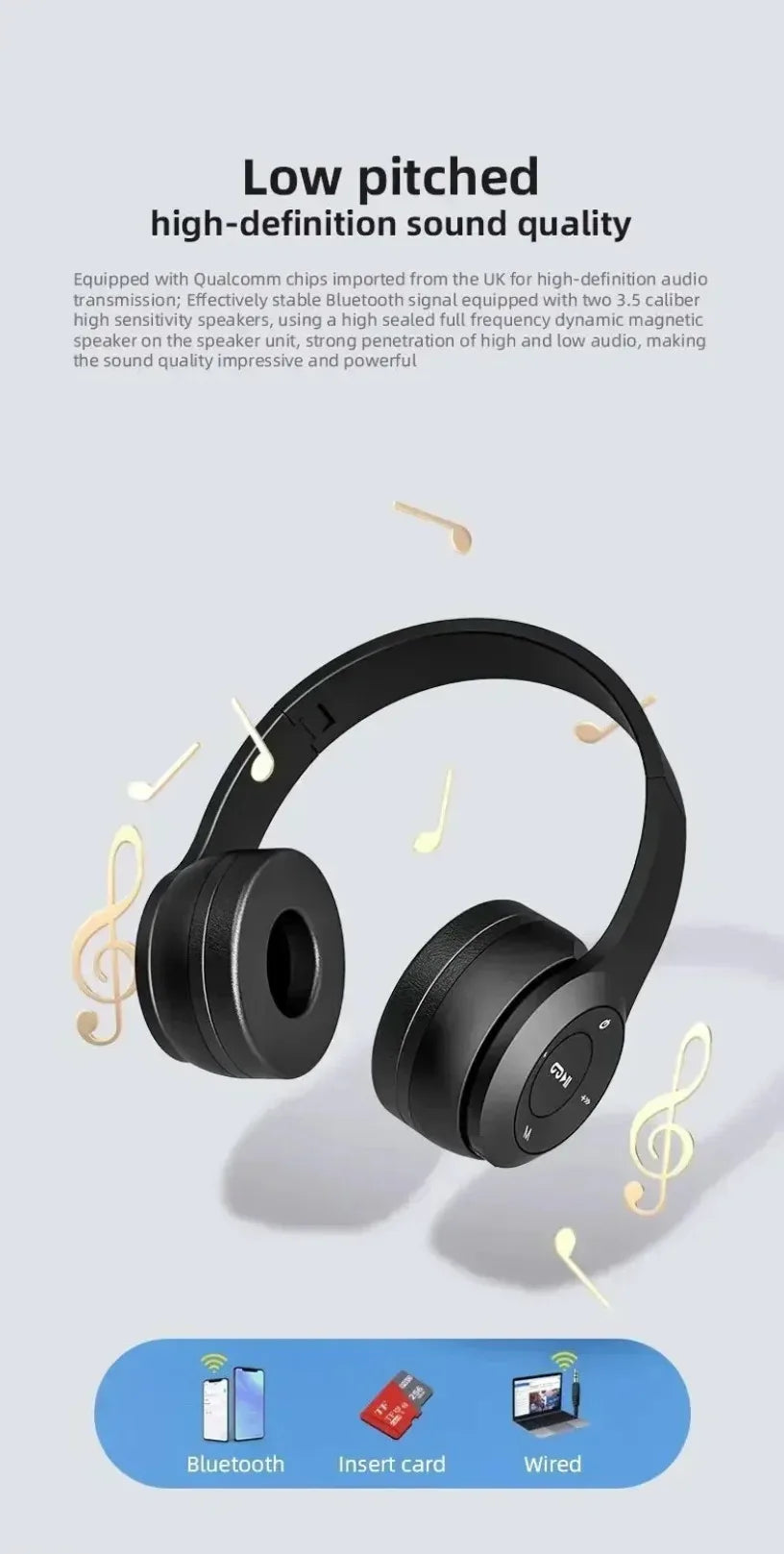Fone de ouvido multifuncional, portátil e dobrável, sem fio, com Bluetooth 5.0, cartão TF ou conexão com fio.