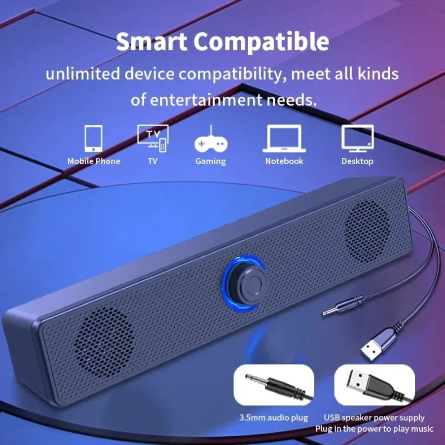 Barra de som sem fio Bluetooth e com fio para PC, alimentada por USB, para TV, PC, laptop, home e sistema de áudio.