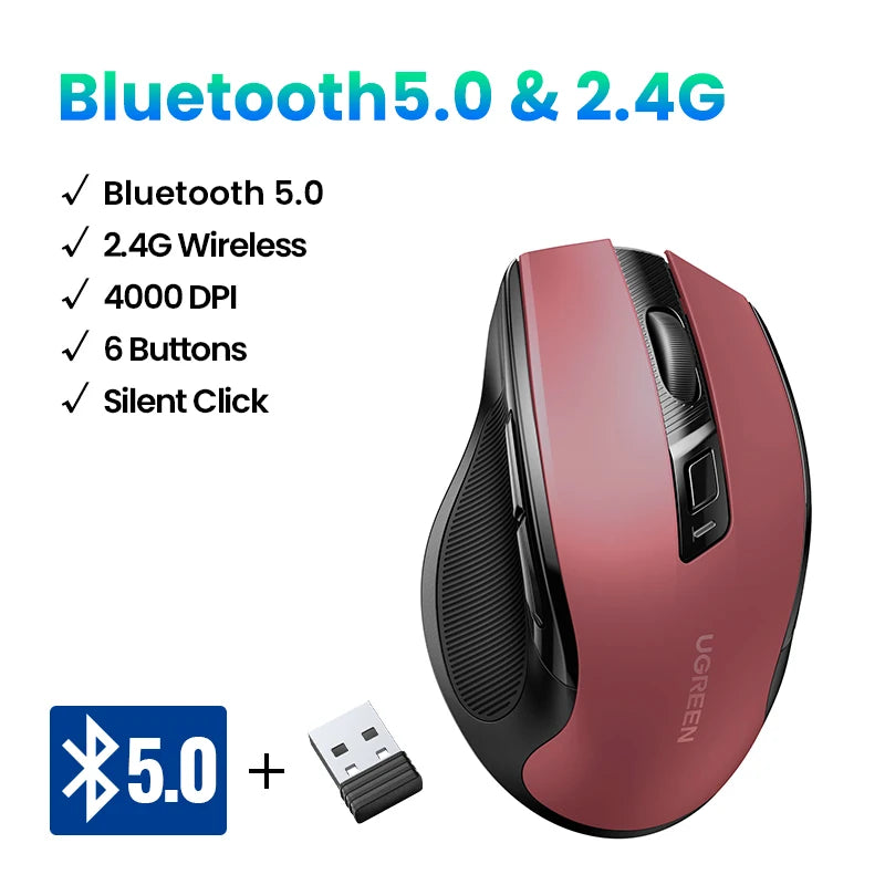 Mouse sem fio UGREEN Bluetooth 5.0, ergonômico, 4000 DPI, 6 botões de silenciamento, para MacBook, tablet, laptop, computador e PC, 2.4G.