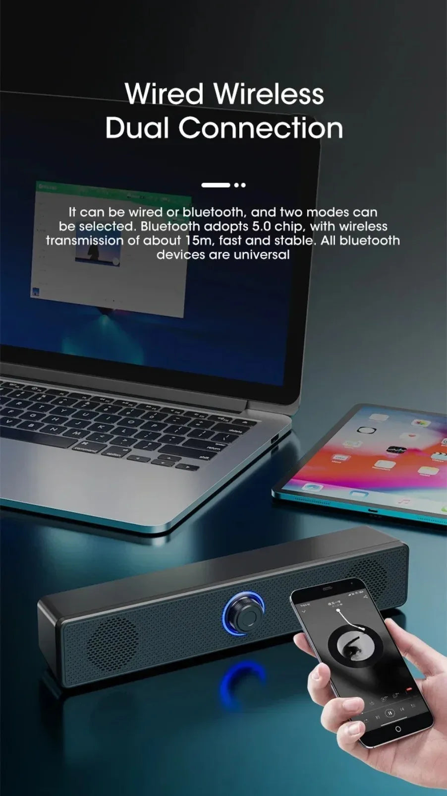 Barra de som sem fio Bluetooth e com fio para PC, alimentada por USB, para TV, PC, laptop, home e sistema de áudio.