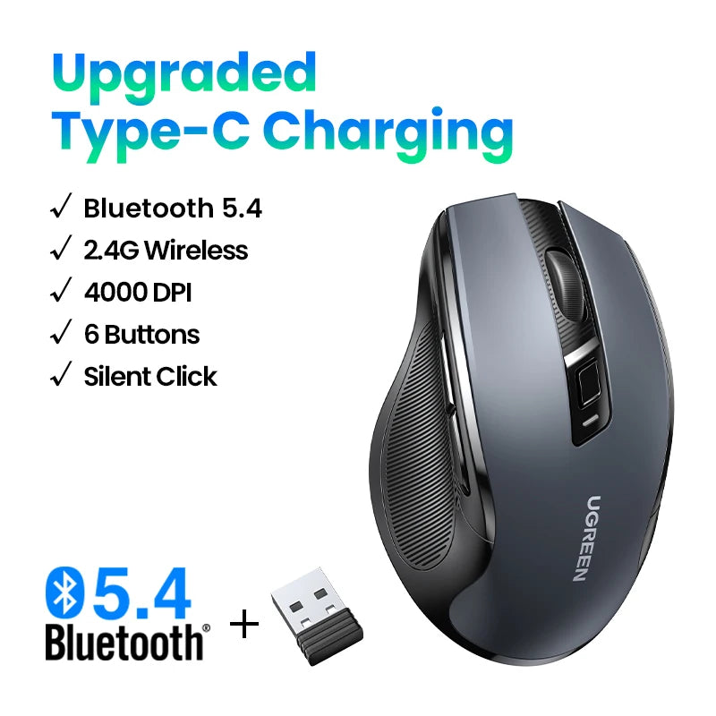 Mouse sem fio UGREEN Bluetooth 5.0, ergonômico, 4000 DPI, 6 botões de silenciamento, para MacBook, tablet, laptop, computador e PC, 2.4G.