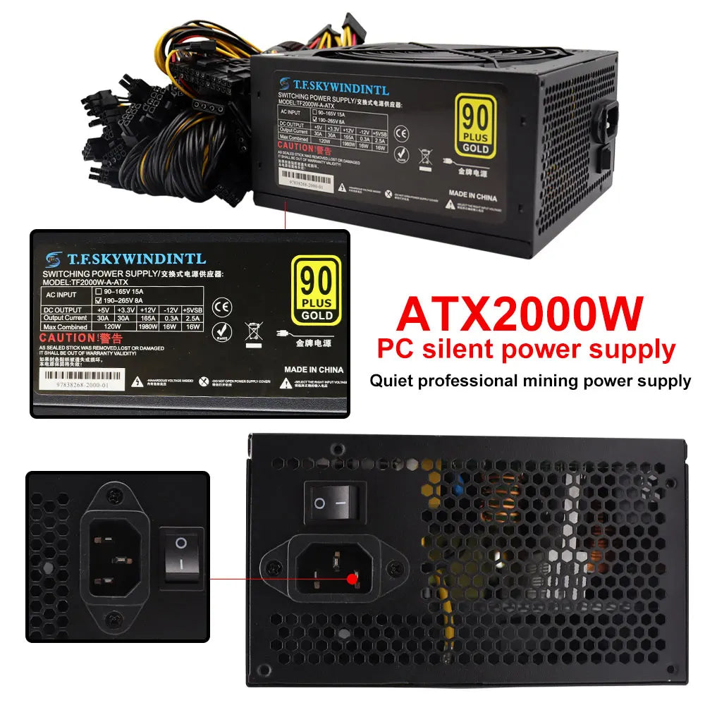 T.F.SKYWINDINTL NEW 2000W ATX PSU Mining Power Supply PC Power Support 8 Display Cards GPU 95% Efficiency for BTC Bitcoin Miner
