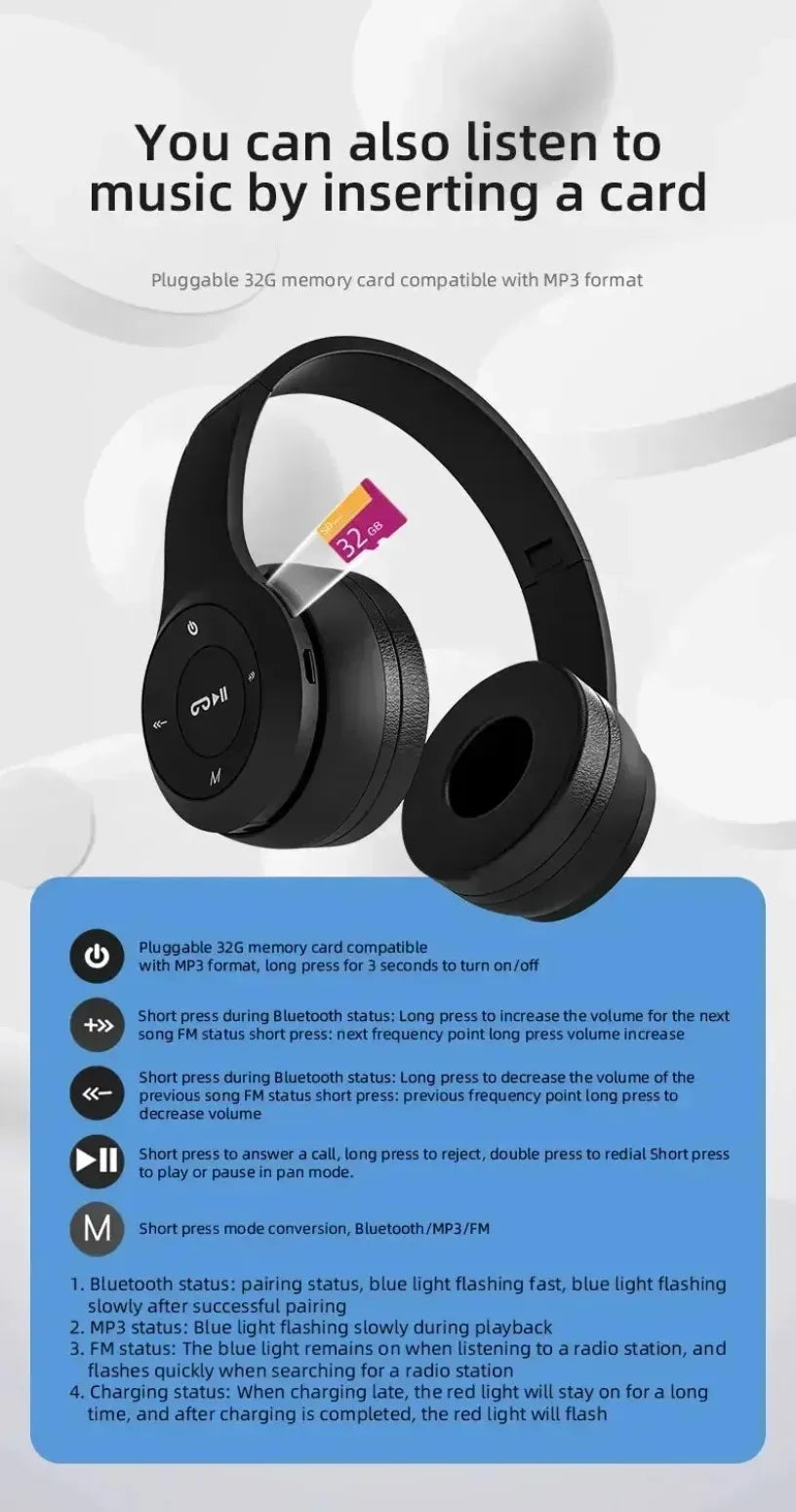 Fone de ouvido multifuncional, portátil e dobrável, sem fio, com Bluetooth 5.0, cartão TF ou conexão com fio.
