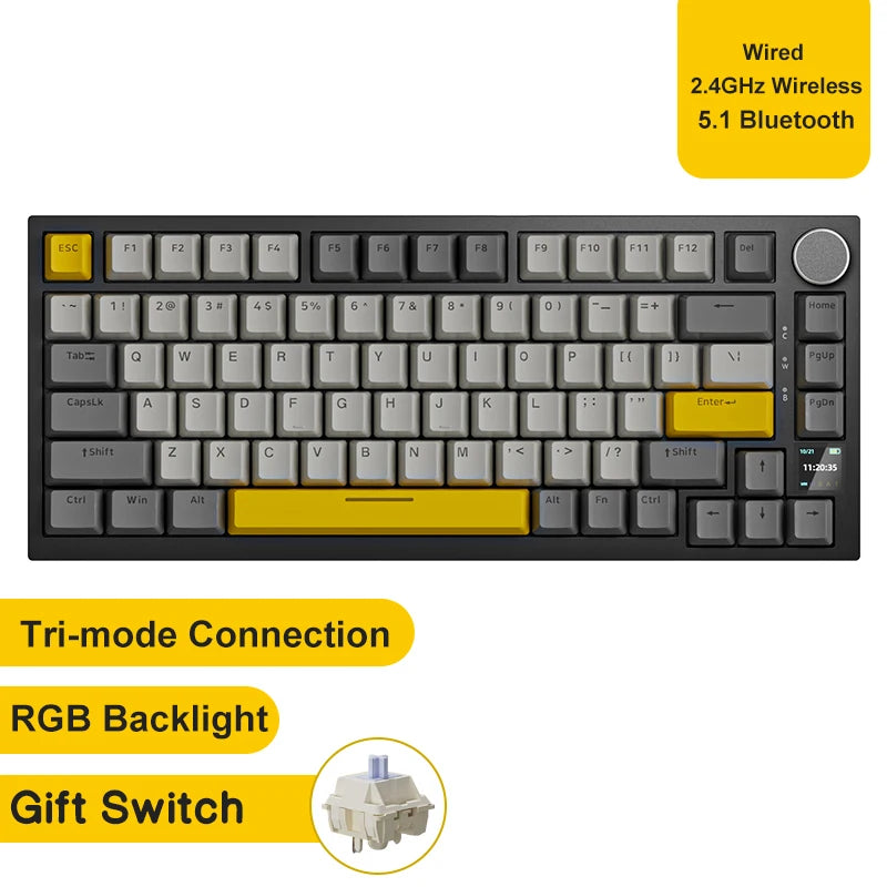 Teclado mecânico para jogos Ajazz AK820/AK820Pro Bluetooth 5.1/Sem fio/Com fio, teclado personalizado com botão giratório e junta de encaixe rápido.