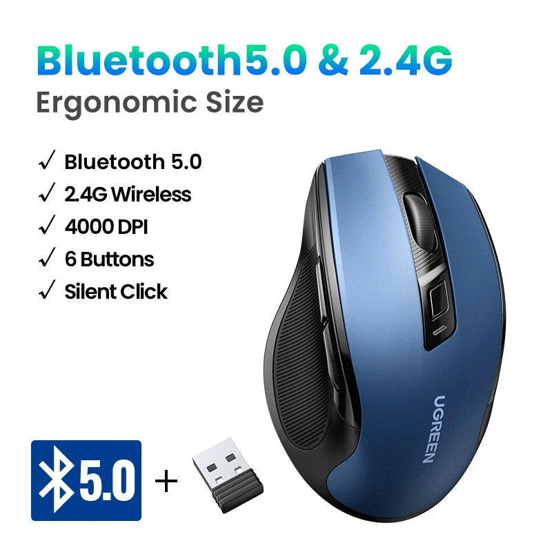 Mouse sem fio UGREEN Bluetooth 5.0, ergonômico, 4000 DPI, 6 botões de silenciamento, para MacBook, tablet, laptop, computador e PC, 2.4G.