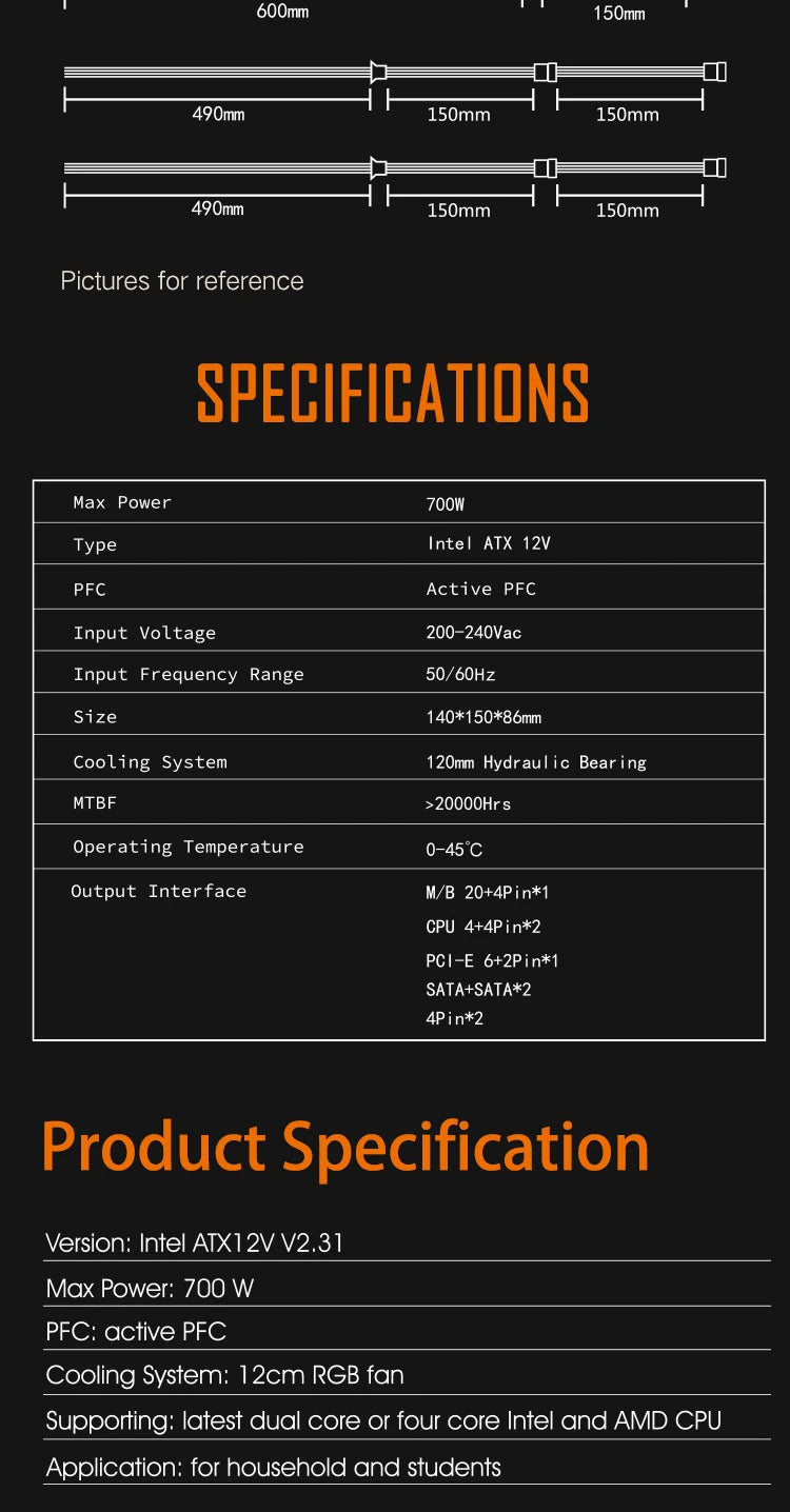 Fonte de alimentação Aigo AK 700W para PC, silenciosa, com ventoinha RGB de 120 mm, conector de 24 pinos, 12 V, formato ATX, para computadores desktop