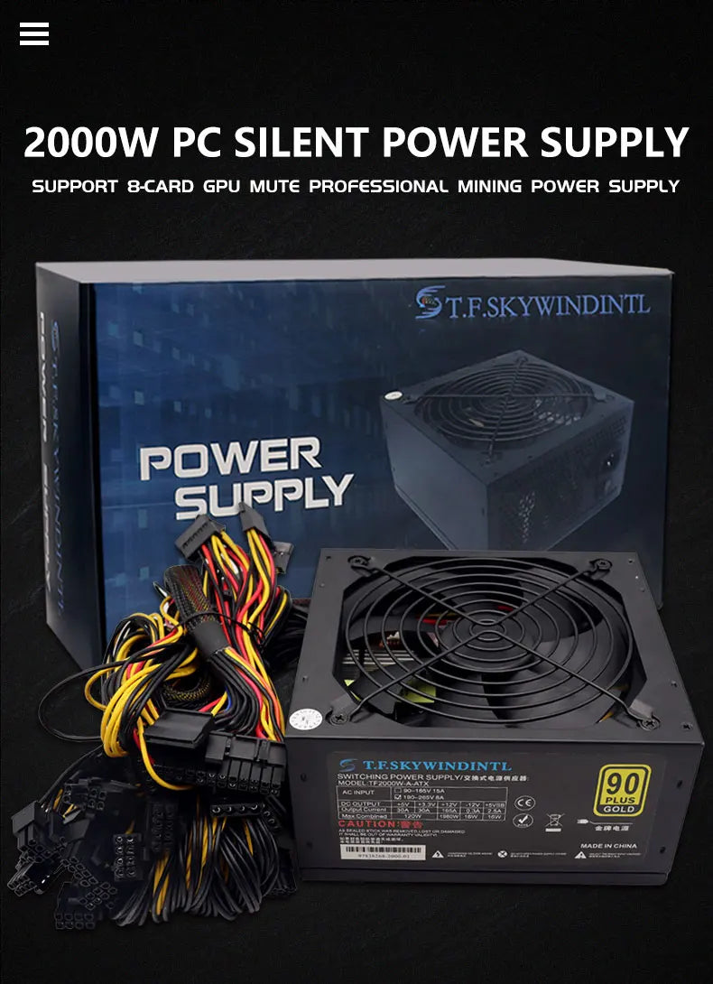 T.F.SKYWINDINTL NEW 2000W ATX PSU Mining Power Supply PC Power Support 8 Display Cards GPU 95% Efficiency for BTC Bitcoin Miner