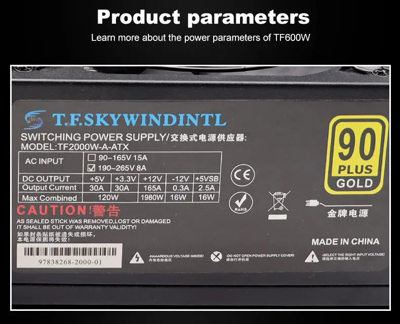 T.F.SKYWINDINTL NEW 2000W ATX PSU Mining Power Supply PC Power Support 8 Display Cards GPU 95% Efficiency for BTC Bitcoin Miner