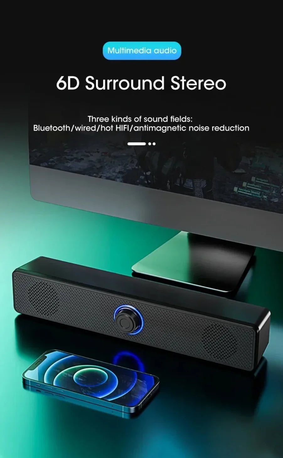 Barra de som sem fio Bluetooth e com fio para PC, alimentada por USB, para TV, PC, laptop, home e sistema de áudio.