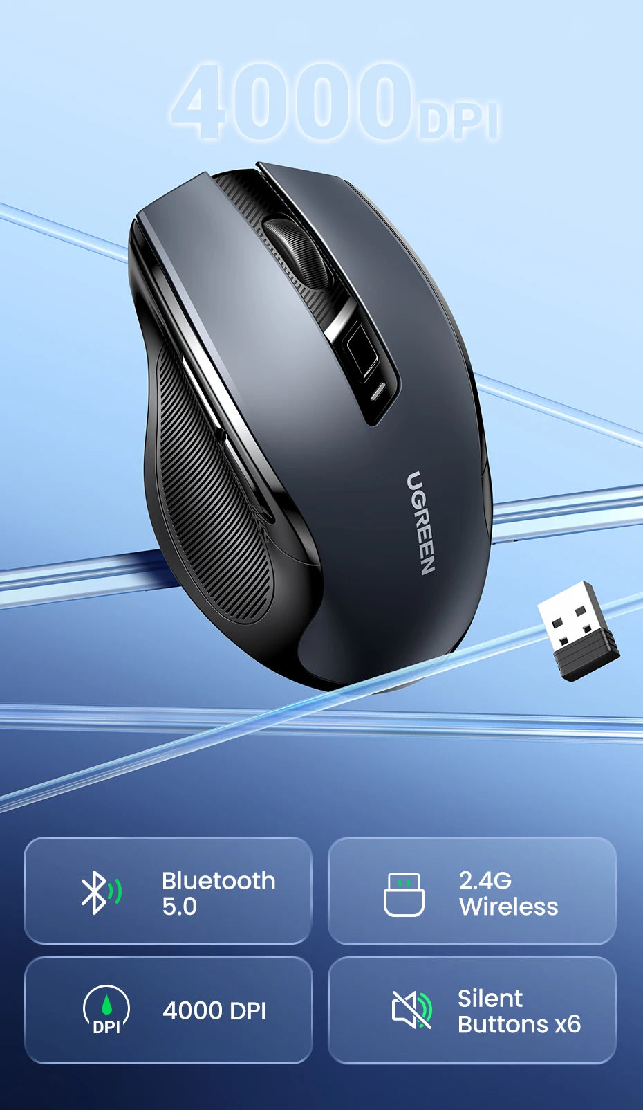 Mouse sem fio UGREEN Bluetooth 5.0, ergonômico, 4000 DPI, 6 botões de silenciamento, para MacBook, tablet, laptop, computador e PC, 2.4G.