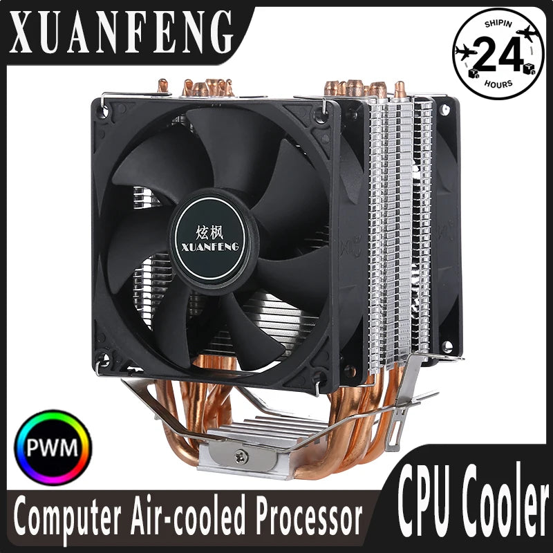 XUANFENG Cooler silencioso para computador, ventoinha para CPU com 2/4/6 heat pipes, conector de 4 pinos/PWM, refrigeração a ar, compatível com LGA115x 1200 2011 2066 x79 x99 AMD