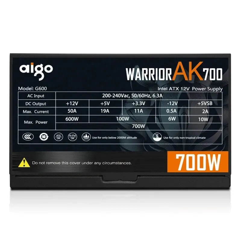 Fonte de alimentação Aigo AK 700W para PC, silenciosa, com ventoinha RGB de 120 mm, conector de 24 pinos, 12 V, formato ATX, para computadores desktop