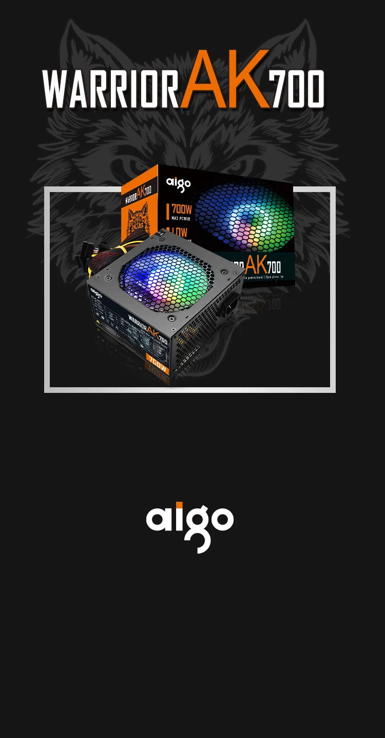 Fonte de alimentação Aigo AK 700W para PC, silenciosa, com ventoinha RGB de 120 mm, conector de 24 pinos, 12 V, formato ATX, para computadores desktop