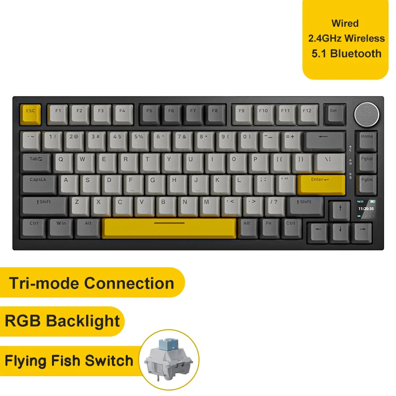 Teclado mecânico para jogos Ajazz AK820/AK820Pro Bluetooth 5.1/Sem fio/Com fio, teclado personalizado com botão giratório e junta de encaixe rápido.