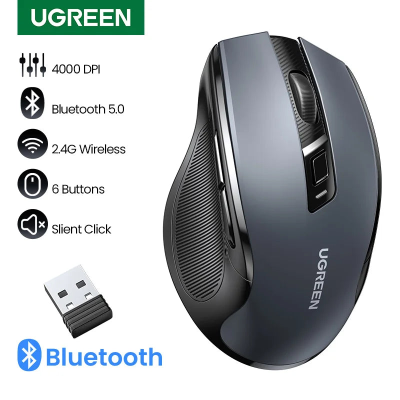 Mouse sem fio UGREEN Bluetooth 5.0, ergonômico, 4000 DPI, 6 botões de silenciamento, para MacBook, tablet, laptop, computador e PC, 2.4G.