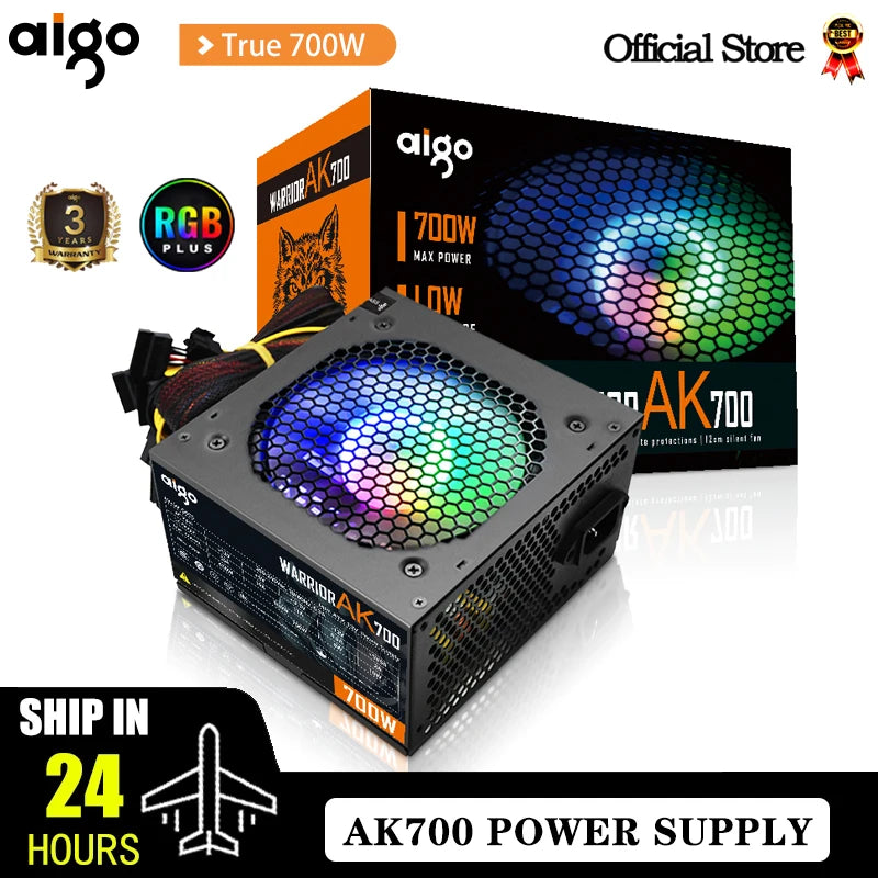 Fonte de alimentação Aigo AK 700W para PC, silenciosa, com ventoinha RGB de 120 mm, conector de 24 pinos, 12 V, formato ATX, para computadores desktop