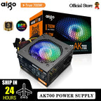 Fonte de alimentação Aigo AK 700W para PC, silenciosa, com ventoinha RGB de 120 mm, conector de 24 pinos, 12 V, formato ATX, para computadores desktop