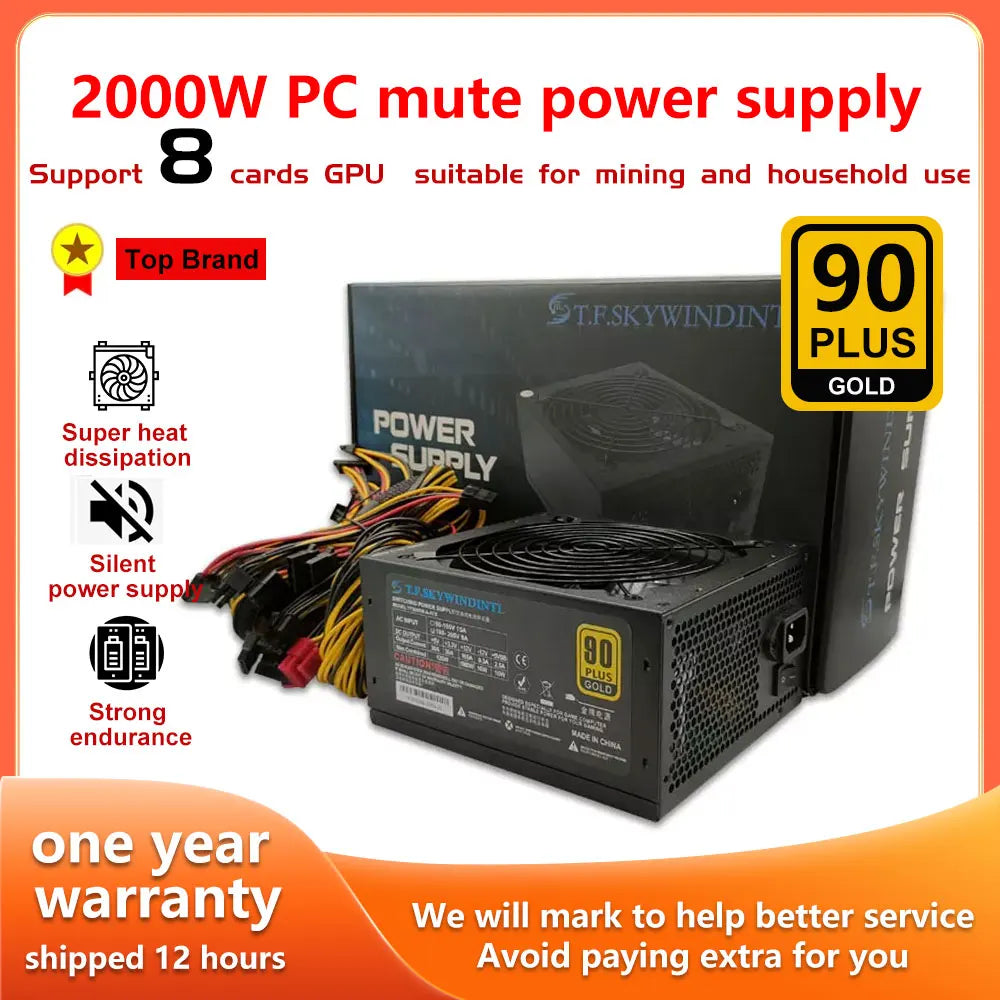 T.F.SKYWINDINTL NEW 2000W ATX PSU Mining Power Supply PC Power Support 8 Display Cards GPU 95% Efficiency for BTC Bitcoin Miner