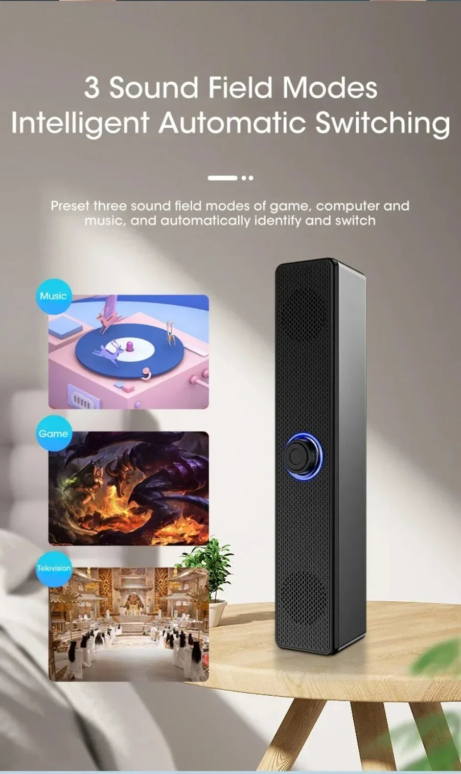 Barra de som sem fio Bluetooth e com fio para PC, alimentada por USB, para TV, PC, laptop, home e sistema de áudio.