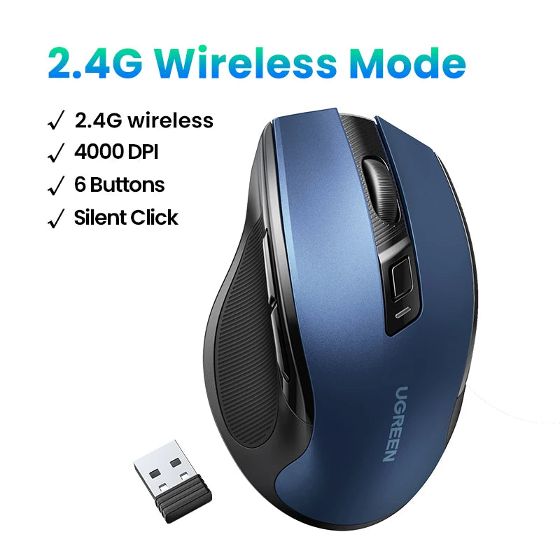 Mouse sem fio UGREEN Bluetooth 5.0, ergonômico, 4000 DPI, 6 botões de silenciamento, para MacBook, tablet, laptop, computador e PC, 2.4G.