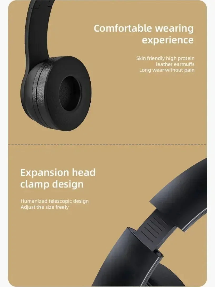 Fone de ouvido multifuncional, portátil e dobrável, sem fio, com Bluetooth 5.0, cartão TF ou conexão com fio.