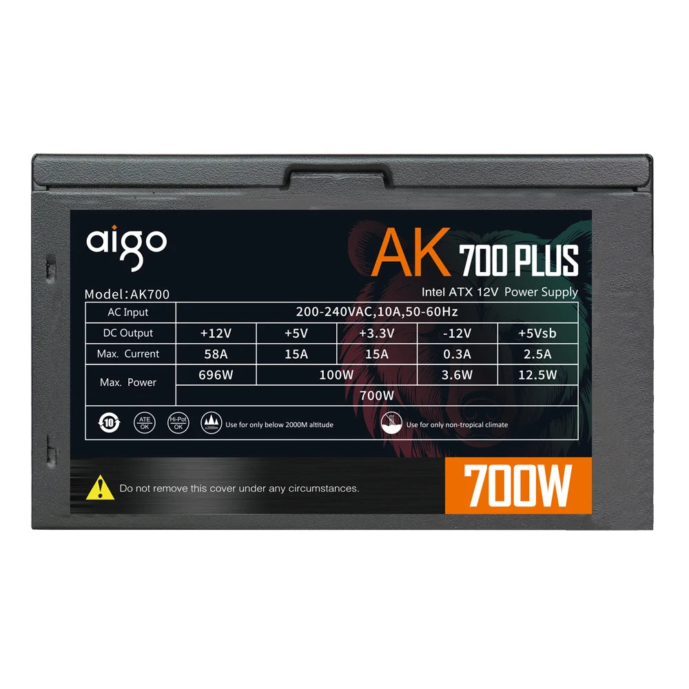 Fonte de alimentação Aigo AK 700W para PC, silenciosa, com ventoinha RGB de 120 mm, conector de 24 pinos, 12 V, formato ATX, para computadores desktop