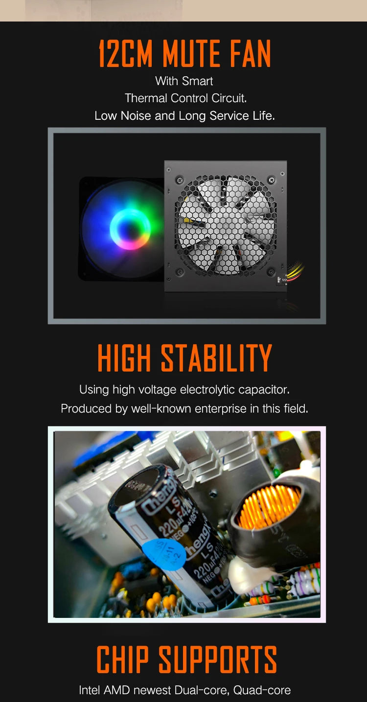 Fonte de alimentação Aigo AK 700W para PC, silenciosa, com ventoinha RGB de 120 mm, conector de 24 pinos, 12 V, formato ATX, para computadores desktop