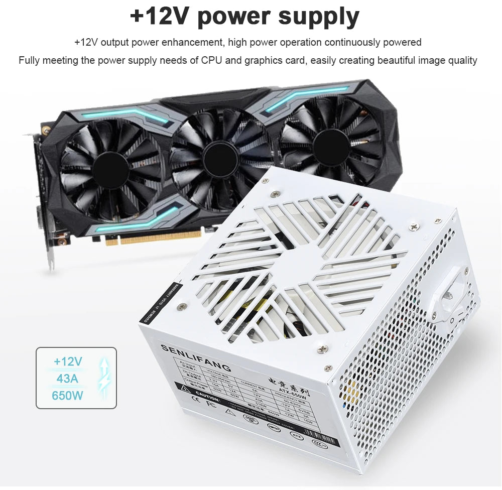 JULONGFENGBAO White ATX 650W Desktop E-Sports Video Game Computer Power Supply 110-230V Low Noise PSU Maximum peak value 800W