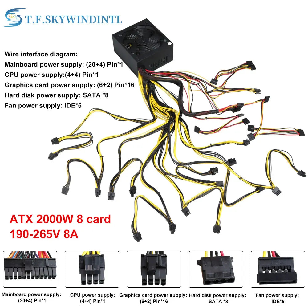 T.F.SKYWINDINTL NEW 2000W ATX PSU Mining Power Supply PC Power Support 8 Display Cards GPU 95% Efficiency for BTC Bitcoin Miner