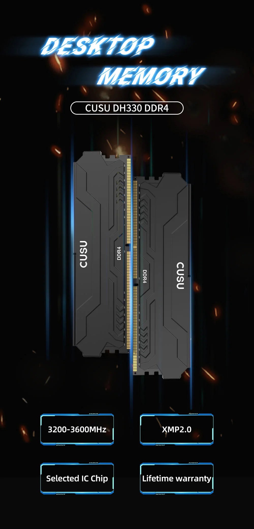 CUSU Memoria Ram DDR4 8gb 16gb 3200mhz 3600mhz DDR4 Desktop Memory 288pin Udimm XMP2.0 Heatsink for Motherboard