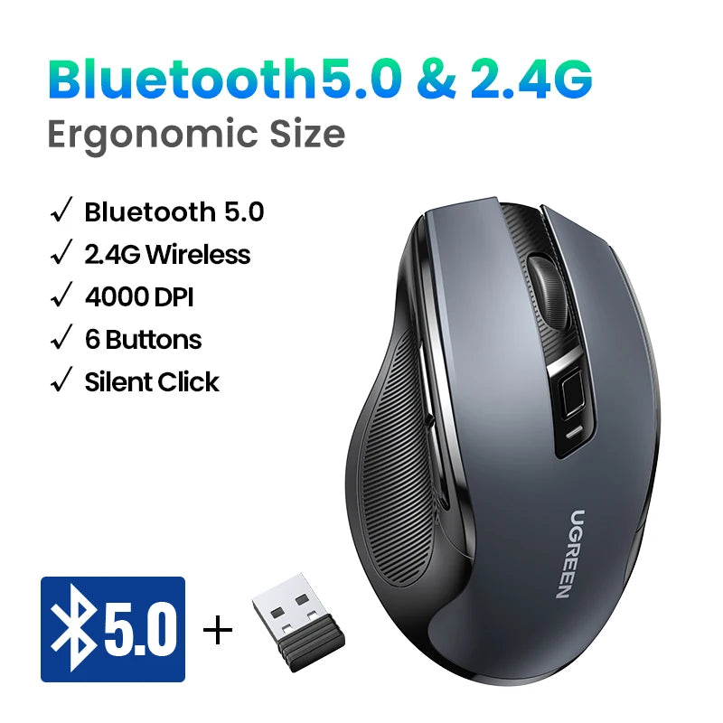 Mouse sem fio UGREEN Bluetooth 5.0, ergonômico, 4000 DPI, 6 botões de silenciamento, para MacBook, tablet, laptop, computador e PC, 2.4G.