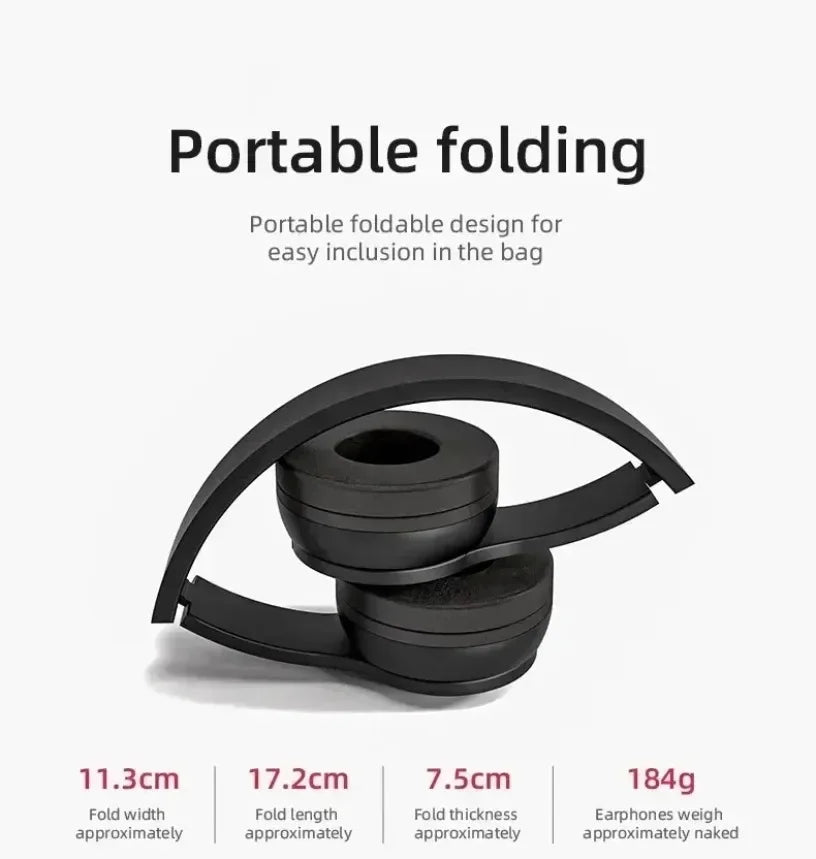 Fone de ouvido multifuncional, portátil e dobrável, sem fio, com Bluetooth 5.0, cartão TF ou conexão com fio.