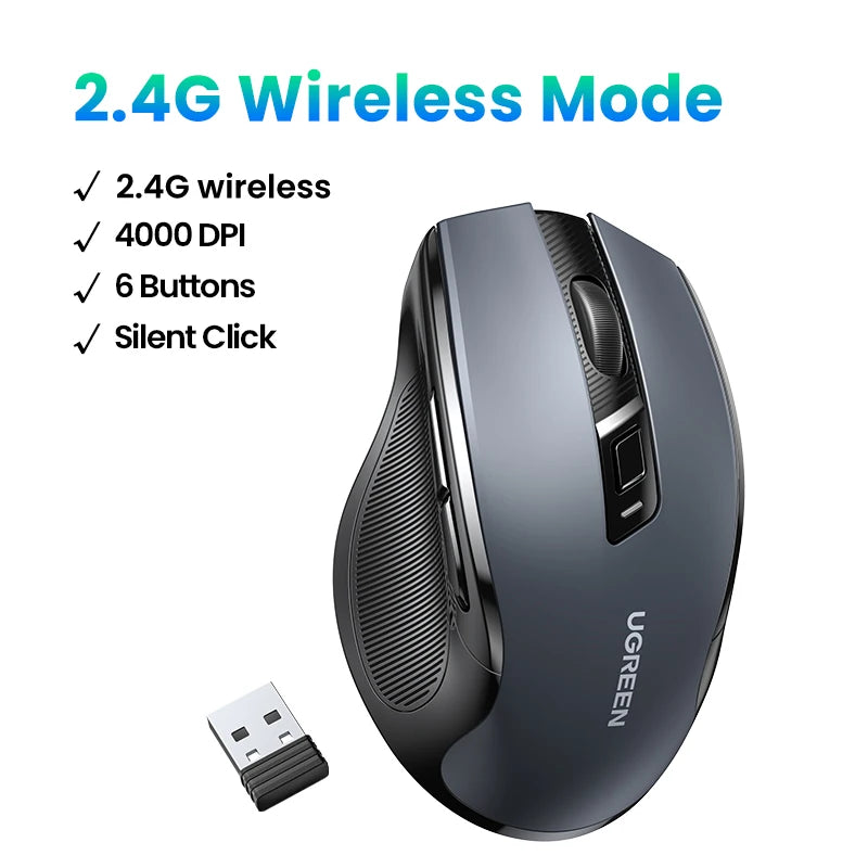 Mouse sem fio UGREEN Bluetooth 5.0, ergonômico, 4000 DPI, 6 botões de silenciamento, para MacBook, tablet, laptop, computador e PC, 2.4G.