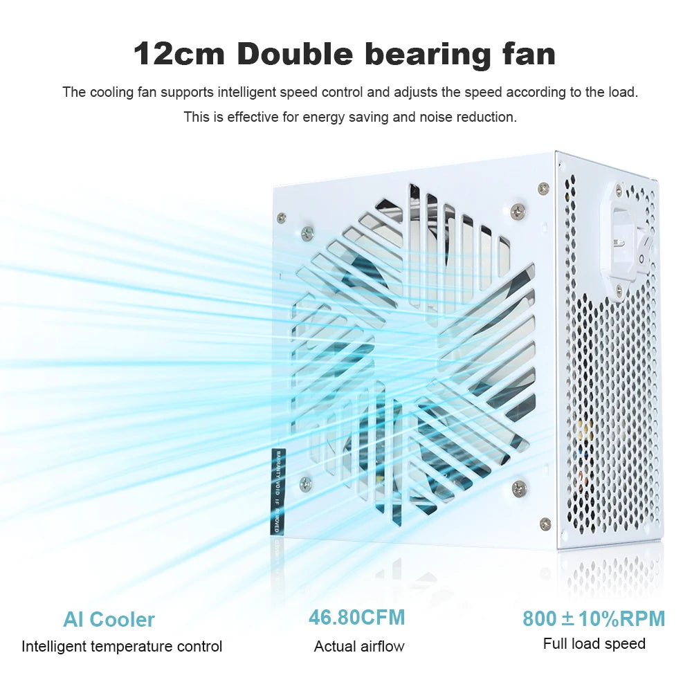 JULONGFENGBAO White ATX 650W Desktop E-Sports Video Game Computer Power Supply 110-230V Low Noise PSU Maximum peak value 800W